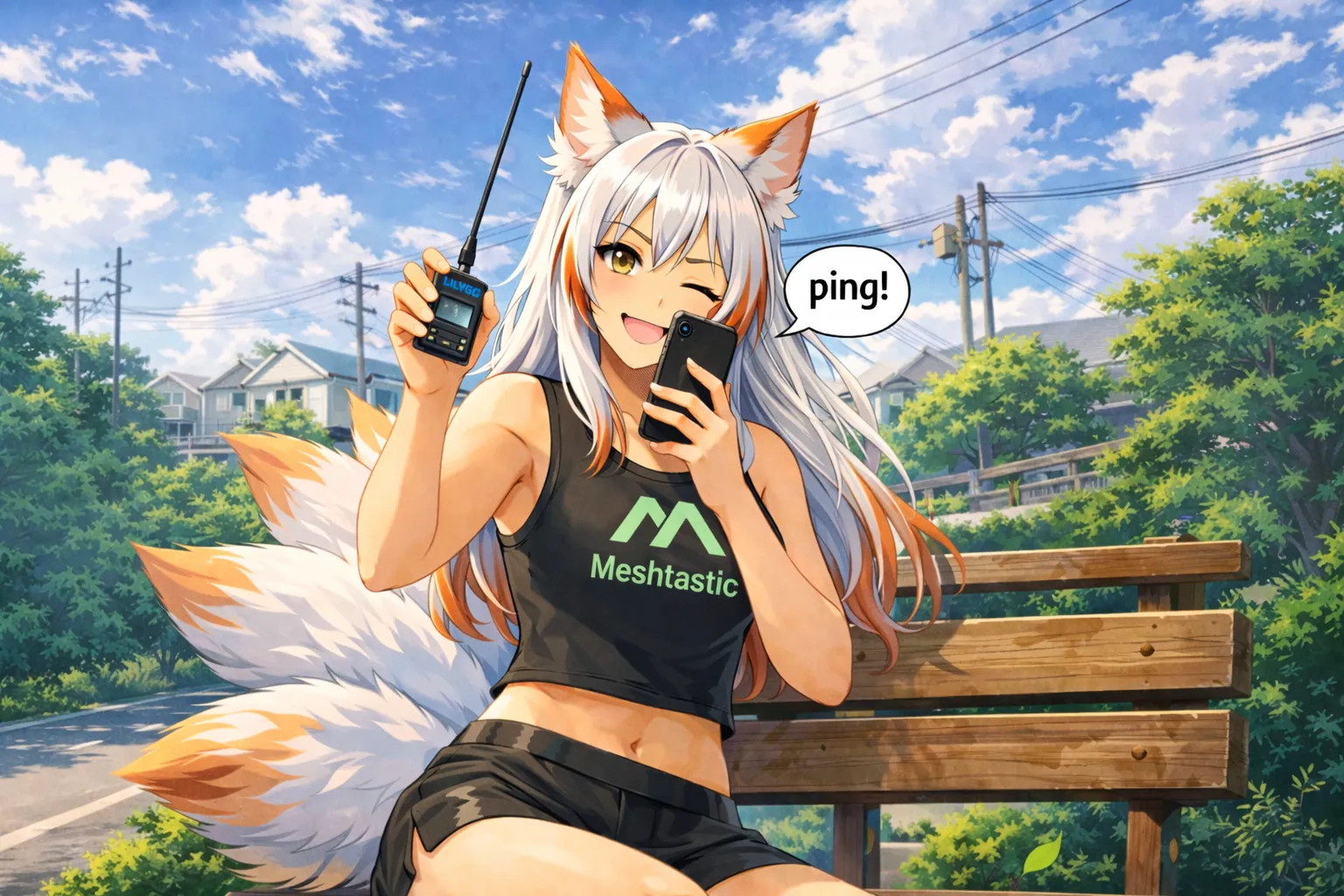 Kitsune girl sitting on the bench while holding Meshtastic node in one hand and sending a "ping!" message using a phone in another.